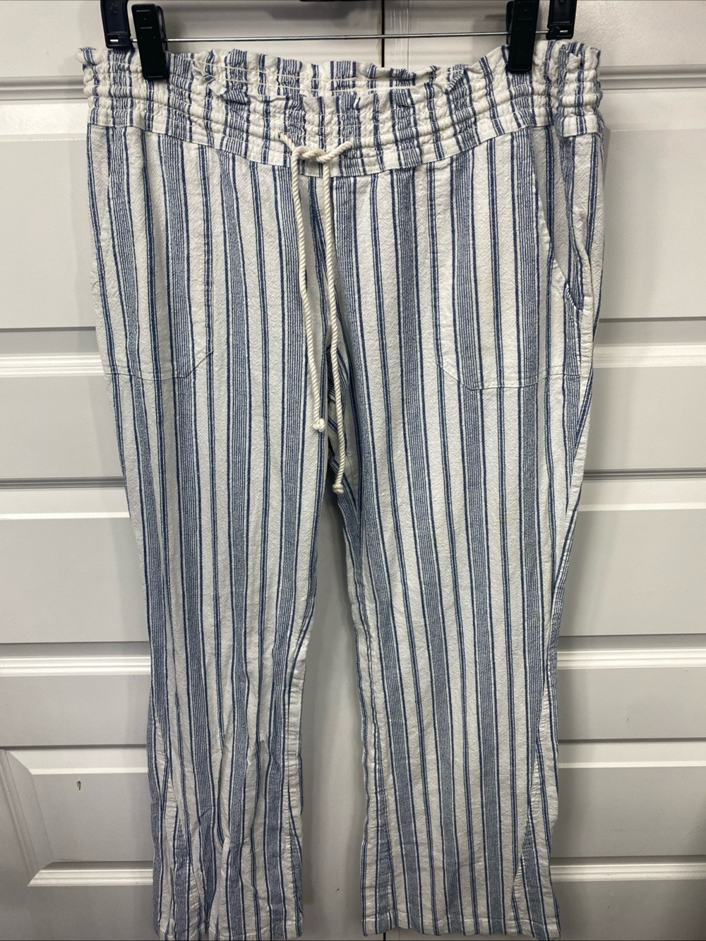 Roxy Lounge Beach Pants Blue White Striped Cotton Linen Blend Drawstring XL Extr